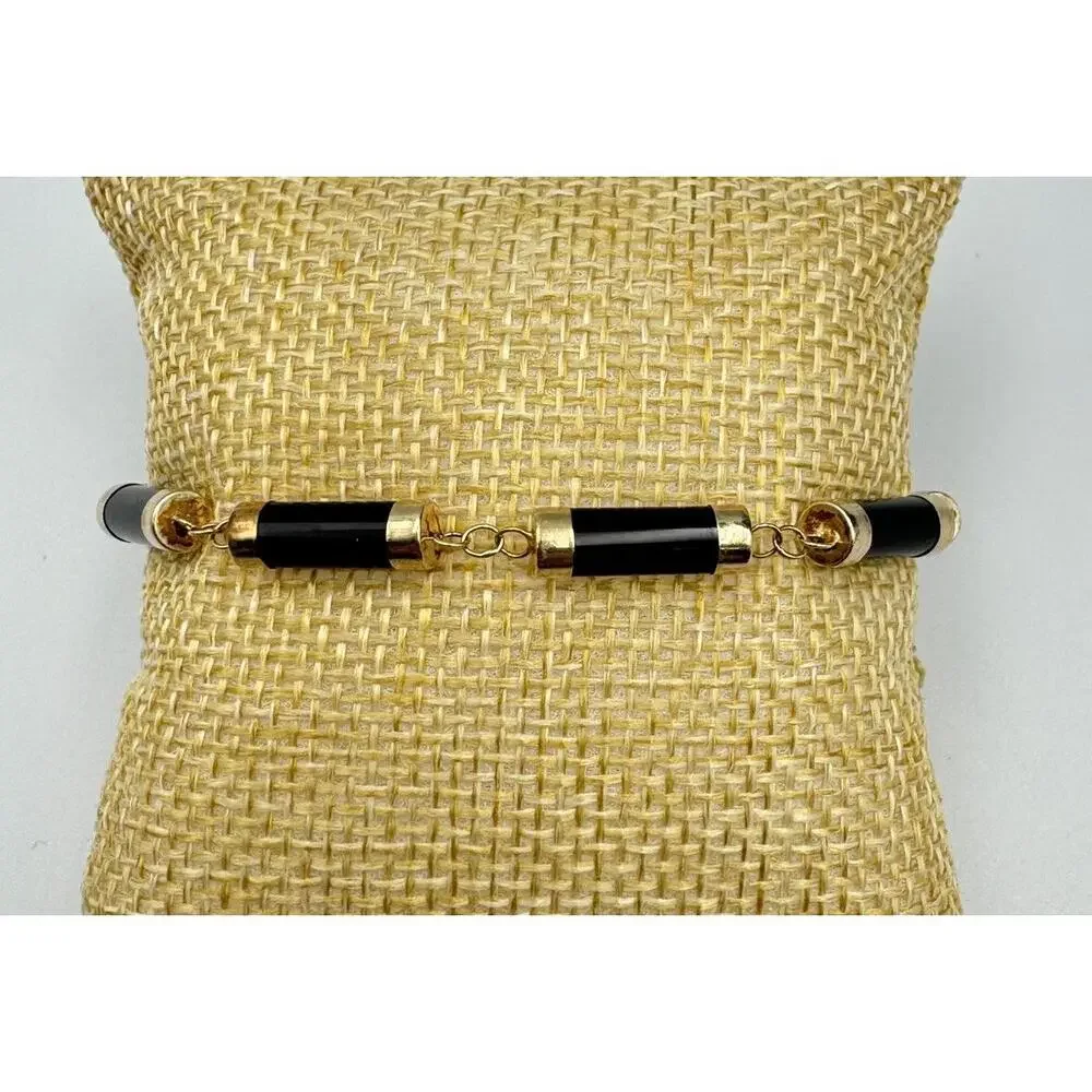 Heng Ngai HN 14k Gold‎ Onyx Cylinder Link Box Clasp Bracelet Estate Jewelry
